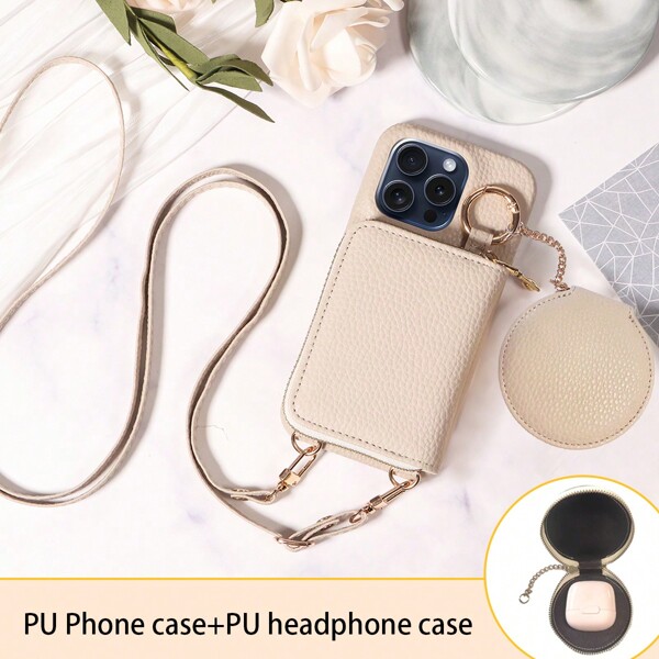 1pc Multifunction Zipper Accordion Card Holder With Earphone Pouch, PU Phone Case Compatible With Apple 16 Pro Max