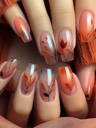 24Pcs/Set Square Nail Press On, Featuring Fashionable Orange & White Leaf Design, Natural And Fresh Style Suitable For Women. Perfect For Party, Festival Or Daily Matching. The Press-On Design Is Comfortable And Easy To Use. Long-Lasting And Bright Nail. The Set Includes Gel Polish And Buffer To Help You Create Elegant And Charming Fingertips, Keep Your Hands Fashionably Stylish. Press On Nails Nail Supplies Nails