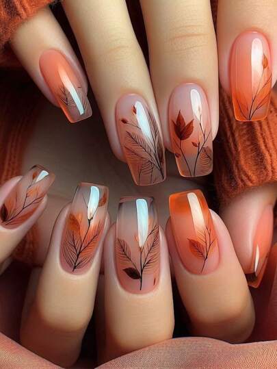 24Pcs/Set Square Nail Press On, Featuring Fashionable Orange & White Leaf Design, Natural And Fresh Style Suitable For Women. Perfect For Party, Festival Or Daily Matching. The Press-On Design Is Comfortable And Easy To Use. Long-Lasting And Bright Nail. The Set Includes Gel Polish And Buffer To Help You Create Elegant And Charming Fingertips, Keep Your Hands Fashionably Stylish. Press On Nails Nail Supplies Nails