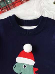 Young Boy New Knitwear Dinosaur Pattern Pullover Sweater, Knitted Sweater Christmas Gift, Autumn/Winter - Navy Blue - View 3
