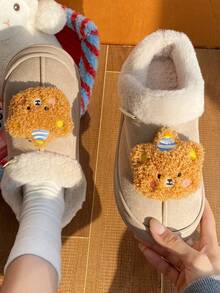 女士可爱毛绒蝴蝶结拖鞋、温暖室内家居拖鞋、粉色平底鞋、家居拖鞋、冬季鞋、万圣节拖鞋、圣诞拖鞋 - 卡其色 - 查看 4