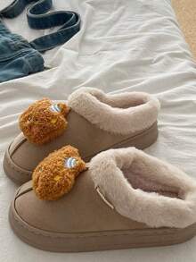 女士可爱毛绒蝴蝶结拖鞋、温暖室内家居拖鞋、粉色平底鞋、家居拖鞋、冬季鞋、万圣节拖鞋、圣诞拖鞋 - 卡其色 - 查看 2