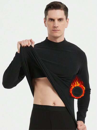 1 件秋冬春季针织立领保暖内衣，抗菌，舒适，休闲，男士