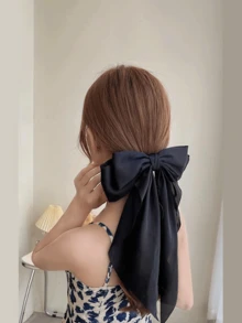 1 kẹp tóc nơ cỡ lớn màu xanh lam thanh lịch phong cách cổ điển màu trơn cỡ lớn có dây ruy băng, thích hợp để đeo hàng ngày, đám cưới, tiệc tùng dễ thương - màu đen - Xem 4