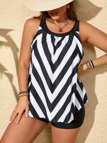 Women's Summer Beach Vacation Casual Fashion Loose Fitting Black & White V-Stripe Patterned Top & Relaxed Fit Board Short 2 Pieces Tankini Swimwear Set, Plus Size