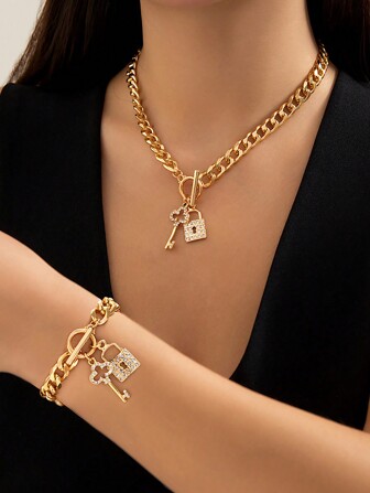2pcs/Set Elegant Crystal Key & Lock Pendant Bracelet And Necklace Set Suitable For Women's Birthday Party