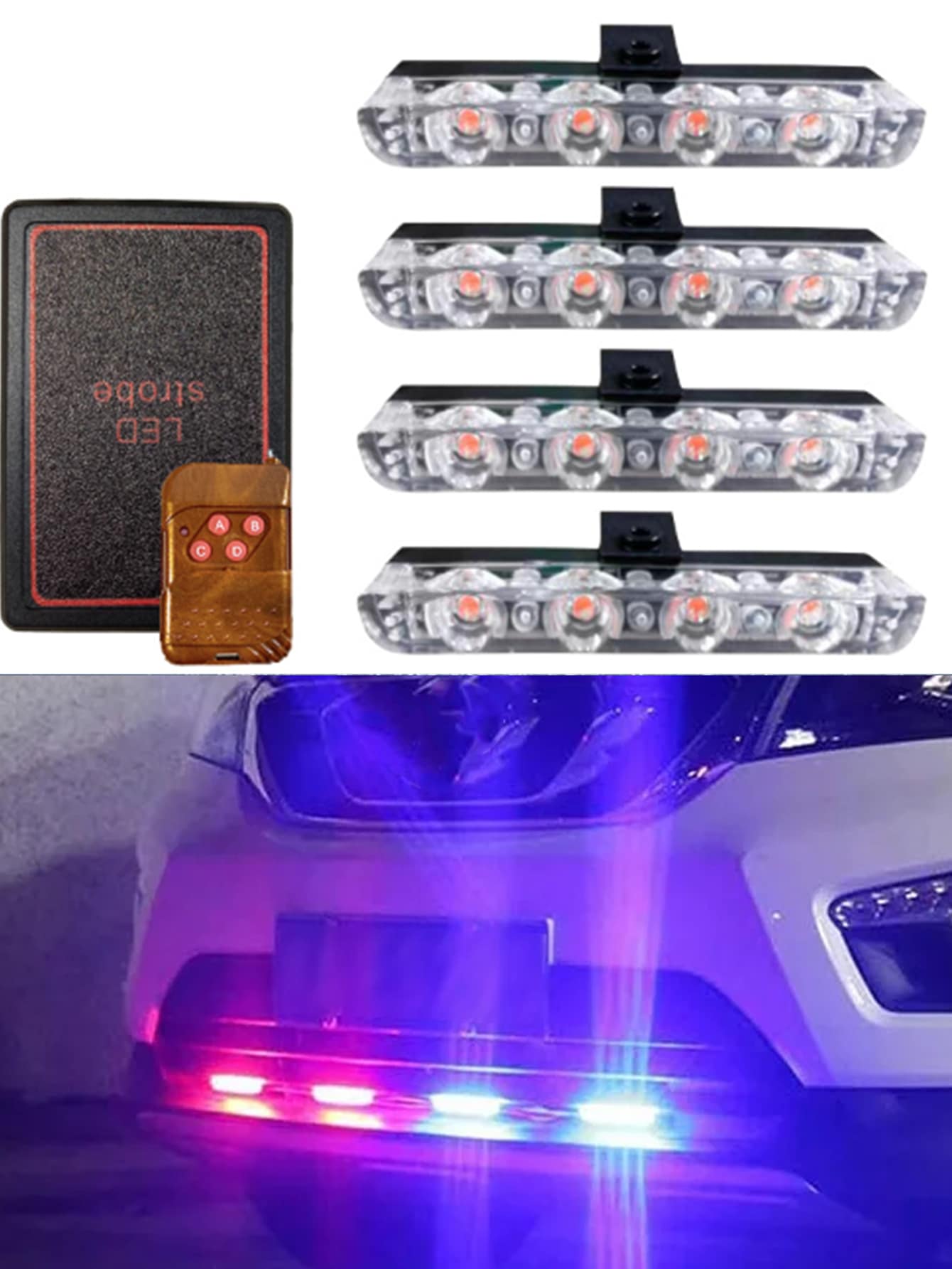 4 In 1 Red Blue Emergency Flash Lights 12V With Wireless Remote Control