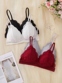 4 piezas Sujetador y bragas con encaje acorazonado inalámbricos, lencería - Multicolor - Ver 7