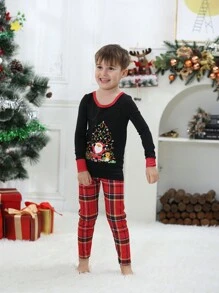 Set de 2 piezas de pijamas navideños ajustados a juego para niños preadolescentes - Parte superior e inferior de manga larga con estampado de Papá Noel y cuadros, conjunto de ropa de descanso cómoda para días festivos - Negro - Ver 6