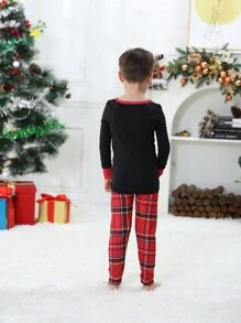 Set de 2 piezas de pijamas navideños ajustados a juego para niños preadolescentes - Parte superior e inferior de manga larga con estampado de Papá Noel y cuadros, conjunto de ropa de descanso cómoda para días festivos - Negro - Ver 3