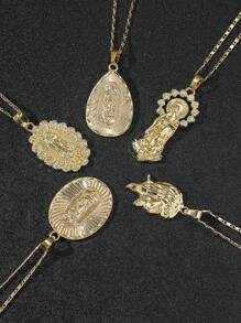 Set de 5 collares con colgantes de Cristo y Virgen María en un surtido de elementos metálicos minimalistas y de estilo hip-hop, adecuados para el atuendo diario y como regalos para fiestas - Amarillo Oro - Ver 2