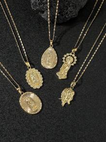 Set de 5 collares con colgantes de Cristo y Virgen María en un surtido de elementos metálicos minimalistas y de estilo hip-hop, adecuados para el atuendo diario y como regalos para fiestas - Amarillo Oro - Ver 1