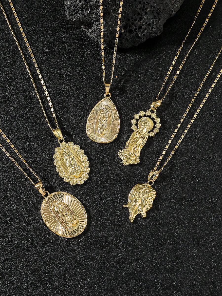 Set de 5 collares con colgantes de Cristo y Virgen María en un surtido de elementos metálicos minimalistas y de estilo hip-hop, adecuados para el atuendo diario y como regalos para fiestas - Amarillo Oro - Ver 1