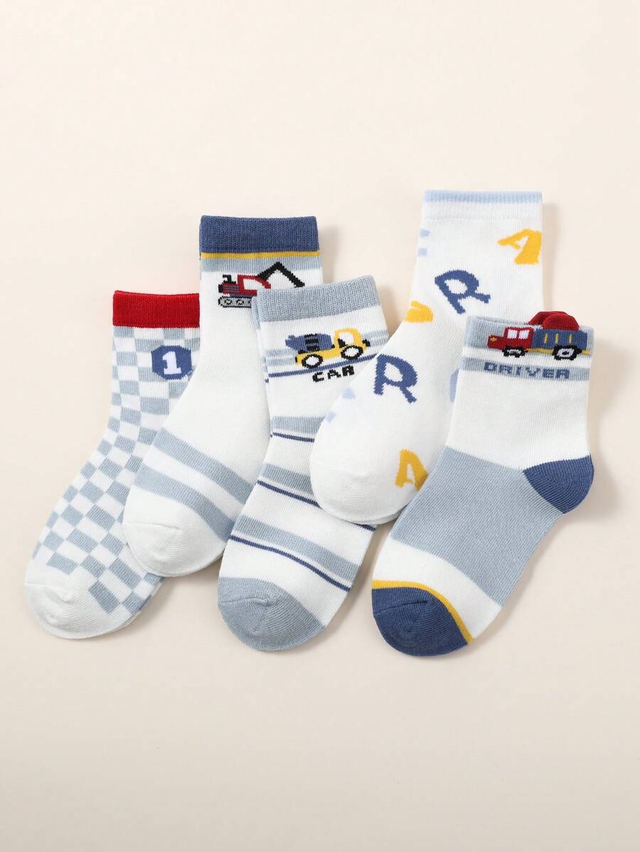 5 双/套男童中筒袜，蓝色汽车、字母、数字、条纹和方块图案。颜色有白色、蓝色、红色和黄色。弹性透气，适合冬季、雨雪天和节日。可搭配运动鞋。简约风格。 - 彩色 - 查看 1