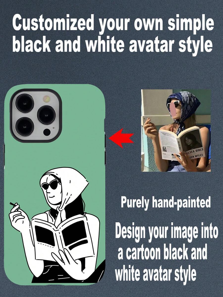 1pc Customized Personalized Pure Hand-Painted Design Black And White Line Style Mobile Phone Case Anti-Fall Mobile Phone Case Gift Birthday Gift Couple Unisex Mobile Phone Case - Green - View 1