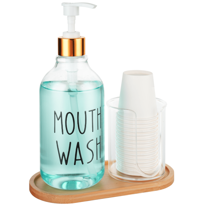 Mouthwash Dispenser With Cup Holder, Plastic Amber&Transparent Mouth Wash Pump Bottle With Tray For Bathroom Organizers, 17oz Refillable Clear Mouthwash Container Christmas Gift Home Bathroom Decor Summer