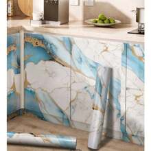 1 rollo de papel tapiz autoadhesivo y resistente al agua con diseño de mármol en color azul turquesa - aplicable para encimeras de cocina, paredes de baño y decoración de salas de estar - Azul - Ver 3