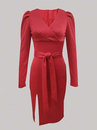 Vestido elegante de unicolor con cuello en V cruzado y cintura con lazo, para primavera/otoño