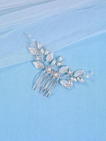 1pc Elegant Women Silver Handmade Crystal Leaf Hair Comb, Bridal Wedding Party Accessory Combs For Hair Side Comb, School Stuff, College, Hair Accessories, Head Accessories, Hair Accessories For Women, Bridesmaid