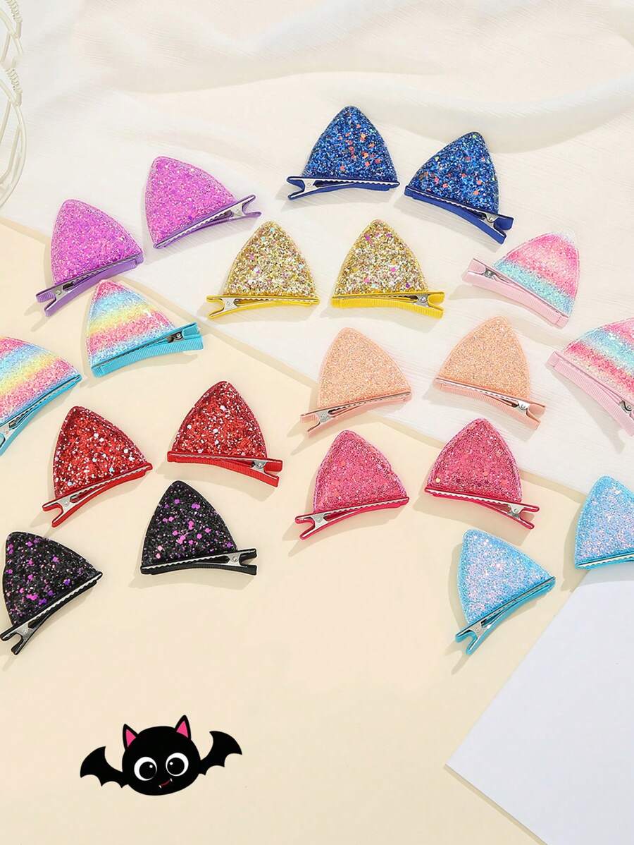 2 件万圣节彩色猫耳布艺发夹，亮片立体蝴蝶结鳄鱼发夹，适合女孩公主节日聚会和派对 - 小貓耳髮夾 - 查看 1
