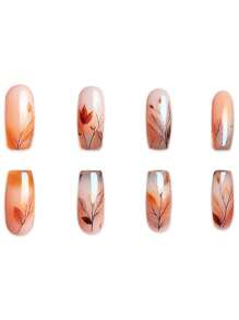 24 Stück/Set quadratische Nagel Aufkleber, mit modischem Orange & Weiß Blatt Design, natürlicher und frischer Stil geeignet für Frauen. Perfekt für Party, Festival oder tägliches Styling. Das Aufklebe-Design ist bequem und einfach zu verwenden. langanhaltend und leuchtende Nägel. Das Set beinhaltet Gel-Lack und Puffer, um elegante und charmante Fingerspitzen zu kreieren und Ihre Hände modisch stylisch zu halten. Aufklebe-Nägel, Nagel-Zubehör, Nägel