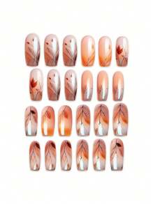 24 Stück/Set quadratische Nagel Aufkleber, mit modischem Orange & Weiß Blatt Design, natürlicher und frischer Stil geeignet für Frauen. Perfekt für Party, Festival oder tägliches Styling. Das Aufklebe-Design ist bequem und einfach zu verwenden. langanhaltend und leuchtende Nägel. Das Set beinhaltet Gel-Lack und Puffer, um elegante und charmante Fingerspitzen zu kreieren und Ihre Hände modisch stylisch zu halten. Aufklebe-Nägel, Nagel-Zubehör, Nägel