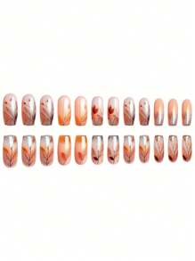 24 Stück/Set quadratische Nagel Aufkleber, mit modischem Orange & Weiß Blatt Design, natürlicher und frischer Stil geeignet für Frauen. Perfekt für Party, Festival oder tägliches Styling. Das Aufklebe-Design ist bequem und einfach zu verwenden. langanhaltend und leuchtende Nägel. Das Set beinhaltet Gel-Lack und Puffer, um elegante und charmante Fingerspitzen zu kreieren und Ihre Hände modisch stylisch zu halten. Aufklebe-Nägel, Nagel-Zubehör, Nägel