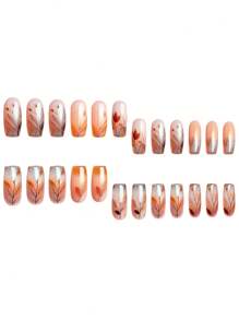 24 Stück/Set quadratische Nagel Aufkleber, mit modischem Orange & Weiß Blatt Design, natürlicher und frischer Stil geeignet für Frauen. Perfekt für Party, Festival oder tägliches Styling. Das Aufklebe-Design ist bequem und einfach zu verwenden. langanhaltend und leuchtende Nägel. Das Set beinhaltet Gel-Lack und Puffer, um elegante und charmante Fingerspitzen zu kreieren und Ihre Hände modisch stylisch zu halten. Aufklebe-Nägel, Nagel-Zubehör, Nägel