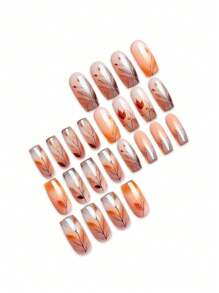 24 Stück/Set quadratische Nagel Aufkleber, mit modischem Orange & Weiß Blatt Design, natürlicher und frischer Stil geeignet für Frauen. Perfekt für Party, Festival oder tägliches Styling. Das Aufklebe-Design ist bequem und einfach zu verwenden. langanhaltend und leuchtende Nägel. Das Set beinhaltet Gel-Lack und Puffer, um elegante und charmante Fingerspitzen zu kreieren und Ihre Hände modisch stylisch zu halten. Aufklebe-Nägel, Nagel-Zubehör, Nägel
