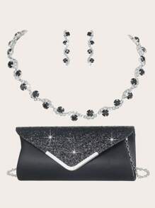 女士不对称黑色水钻项链晚装金属链条包 3 件套女士水钻晚装手拿包，新娘婚礼项链耳环吊坠闪光钱包，适合派对、婚礼、舞会、晚宴/宴会，搭配婚纱、礼服、舞会礼服、生日礼服、派对礼服 - 黑色 - 查看 11