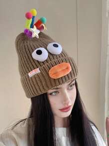 1 件女式卡通大嘴针织帽，冬季温暖蓬松厚耳罩绒球帽，休闲优雅复古街头时尚百搭滑雪户外适合外出、购物、滑雪、旅行、派对、日常使用