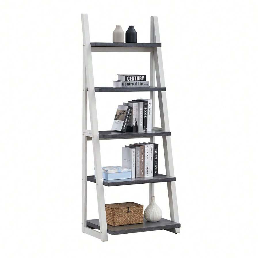 5-Tier Shelves,Bookshelf, Storage Rack, Bookcase With Rubber Wood Frame, Ladder Shelf For Living Room, Home Office, Kitchen, Bedroom, Apartment - 灰+白+橡膠木+MDF - 查看 1