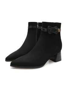 女式绒面革腰带装饰侧拉链尖头粗跟踝靴，休闲时尚踝靴短靴，秋冬适用 - 咖啡棕 - 查看 7