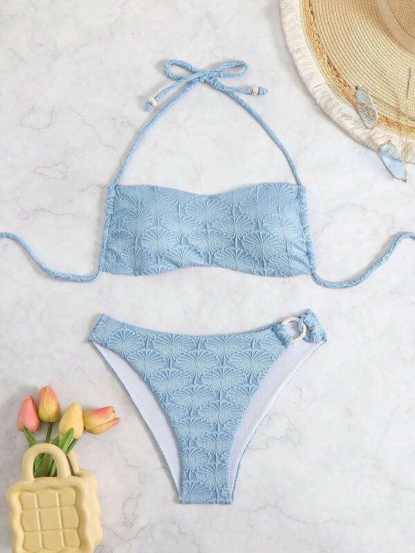 Neuer Ins-Stil Damen Bikini Set, einzigartiges gemustertes Gewebe, selbstbindend, perlenbesetzt, Halfter, 2-teiliger süßer Bikini, göttergleich sexy einfarbiger Binden-Seitenbadeanzug für den Sommer