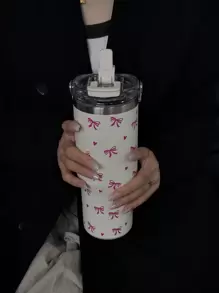 1pc 900ml/33.44oz Heart & Bow Vacuum Insulated Tumbler, Thermos Cup, Large Capacity Water Bottle With Handle & Straw, Dual Drinking Lid, Travel & Outdoor, Gym & Sports, School Supplies, Holiday Gift