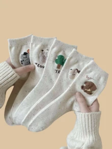 5 双卡通可爱学院风吸湿排汗防滑中筒袜 - 彩色 - 查看 1