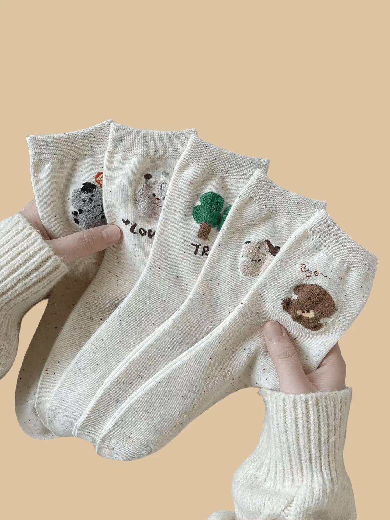 5 双卡通可爱学院风吸湿排汗防滑中筒袜 - 彩色 - 查看 1