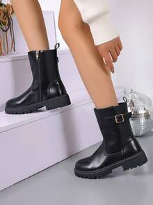 女士黑色金属扣装饰侧拉链切尔西靴，欧美时尚短靴 - 黑色 - 查看 2