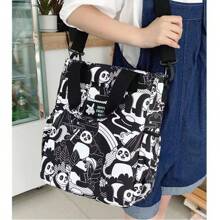 男女通用帆布笔记本电脑包，带可拆卸肩带，适合 14 英寸笔记本电脑，学院风斜挎包和单肩包，适合工作/学校使用，带湿巾清洁功能，拉链开合 - 黑色貓熊 - 查看 7