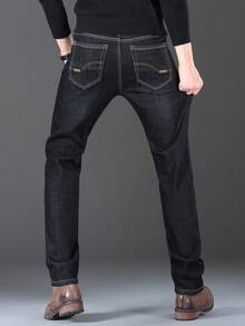 Quần Jeans Ống Thẳng Lót Nhiệt, Quần Co Giãn Màu Trơn Thường Ngày, Dày Ấm Áp Cho Mùa Thu Đông - màu đen - Xem 4