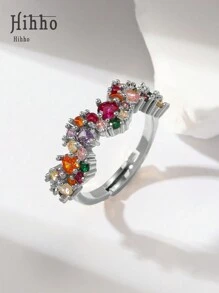 Hihho 1 Chiếc nhẫn đính đá Zirconia nhiều màu sắc có thể điều chỉnh, nhiều kiểu dáng cho phụ kiện đeo hàng ngày thanh lịch dành cho phụ nữ - Bạc - Xem 19