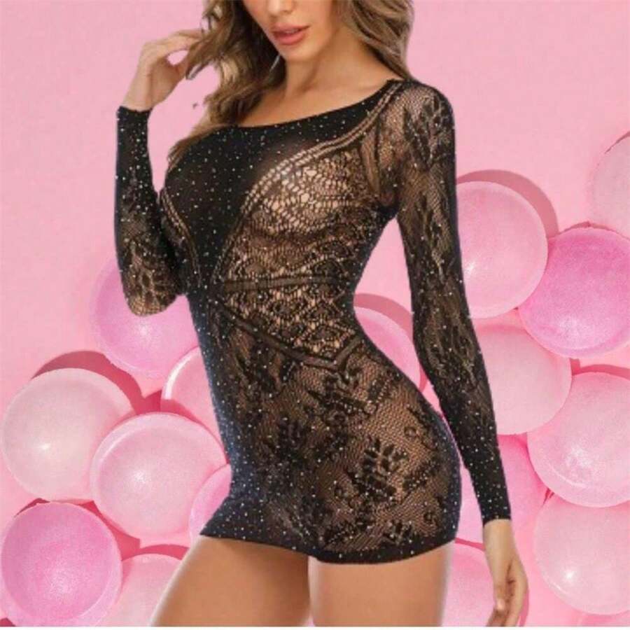 Fishnet Bodysuit With Rhinestones, Long Sleeves 2148 - màu đen - Xem 1