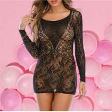 Fishnet Bodysuit With Rhinestones, Long Sleeves 2148 - màu đen - Xem 4