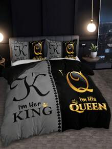 Set de 3 piezas de ropa de cama (1 funda de edredón sin relleno + 2 fundas de almohada sin núcleo), con estampado de alta definición en color negro y gris con diseño de corona, para uso en el hogar y dormitorio