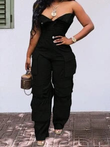 Chicsale Solid Color Casual Overalls Jumpsuit, Sexy Straight Tube Tube Top Long Jumpsuit, With Pockets, Women's Wear - 黑色 - 查看 1