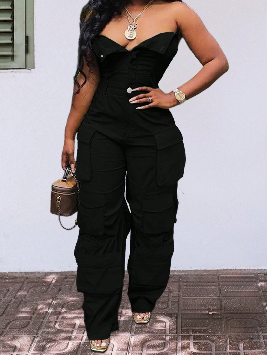 Chicsale Solid Color Casual Overalls Jumpsuit, Sexy Straight Tube Tube Top Long Jumpsuit, With Pockets, Women's Wear - 黑色 - 查看 1