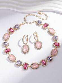 3 pièces/Set Nouveau Ensemble de Bijoux Femme de Luxe avec Collier et Boucles d'Oreilles Géométriques Strass et Verre pour Soirée