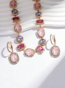 3 pièces/Set Nouveau Ensemble de Bijoux Femme de Luxe avec Collier et Boucles d'Oreilles Géométriques Strass et Verre pour Soirée