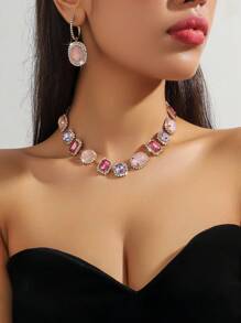 3 pièces/Set Nouveau Ensemble de Bijoux Femme de Luxe avec Collier et Boucles d'Oreilles Géométriques Strass et Verre pour Soirée