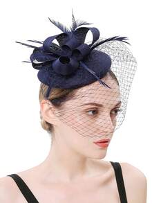 迷人的鸡尾酒头带亚麻蝴蝶结帽子面纱羽毛发夹面纱羽毛肯塔基州药盒德比新娘婚礼茶会帽子 - 黑色 - 查看 4